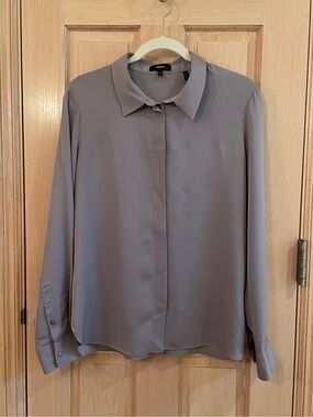 Theory Silk Button-Up Blouse in Taupe Gray